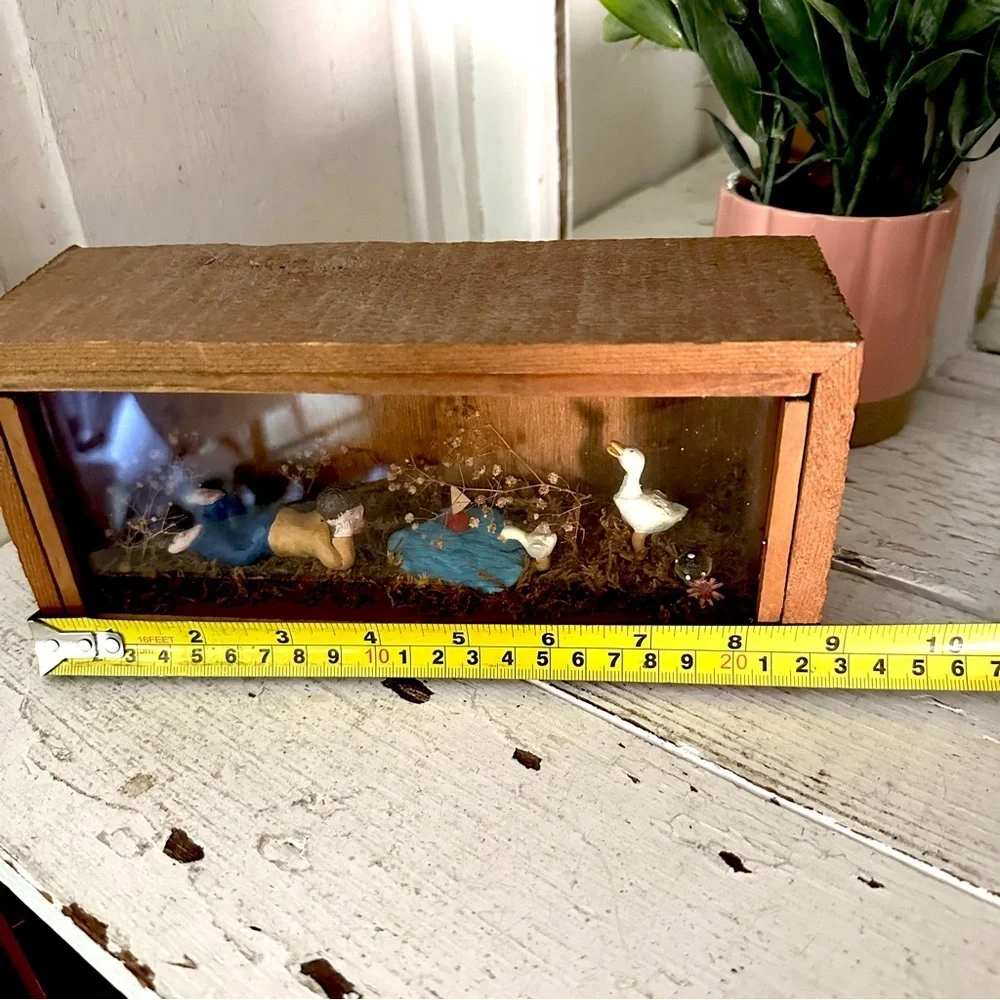 Vintage Boy at a Pond with Ducks Sailboat Diorama Antique Wood Wall Hang Decor